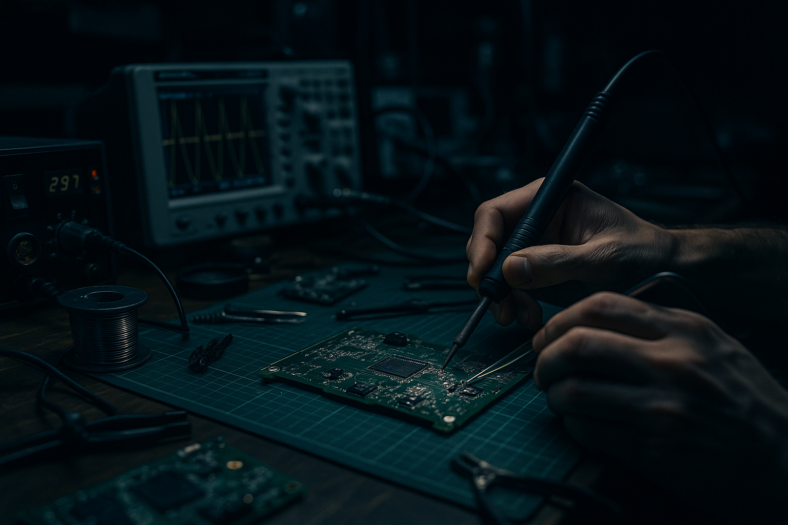 Technician repairing an electronic circuit board