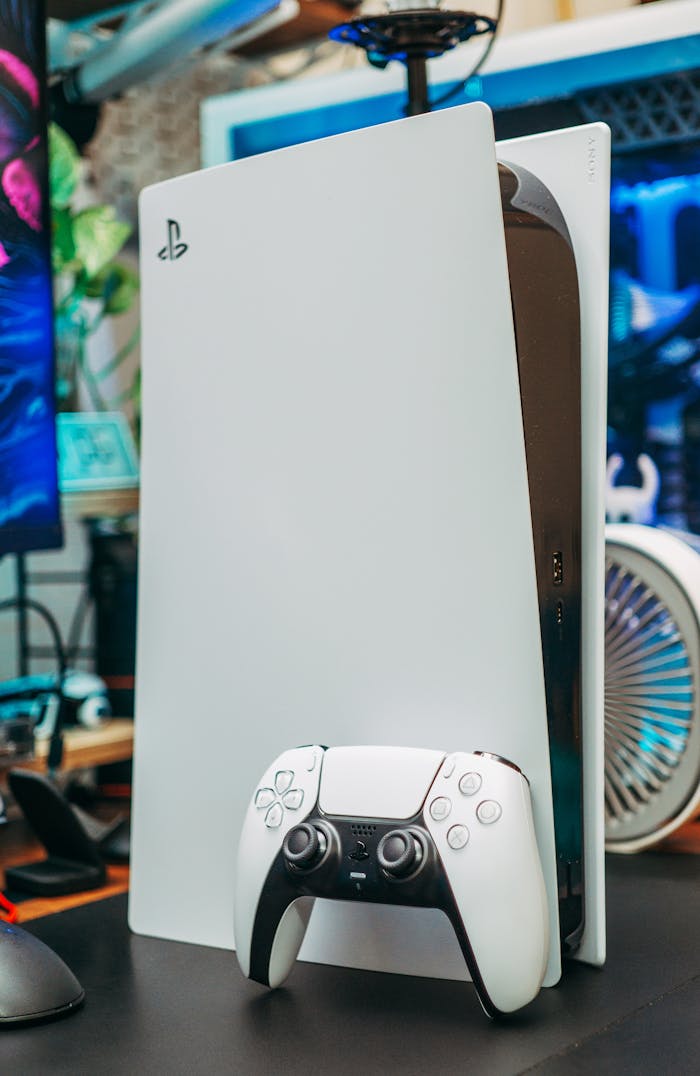 Close-up of PlayStation 5 and controller in an indoor gaming setup.